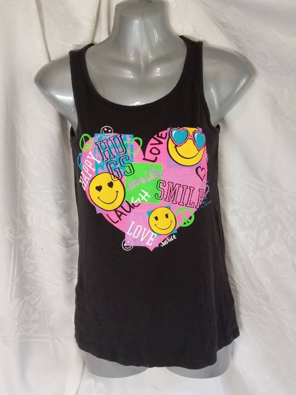 Justice Black Tank Sz 14 Hugs Love Smile Happy Y2K Girls  Gently worn condition.